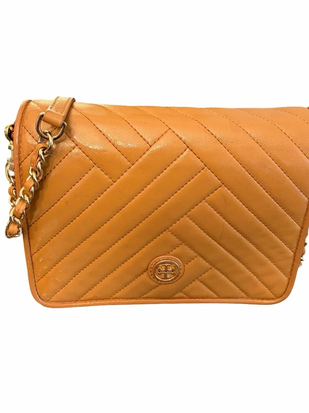 Tory Burch Alexa Crossbody Bag Quilted Chevron Tan Leather $428 Retail Gold Logo